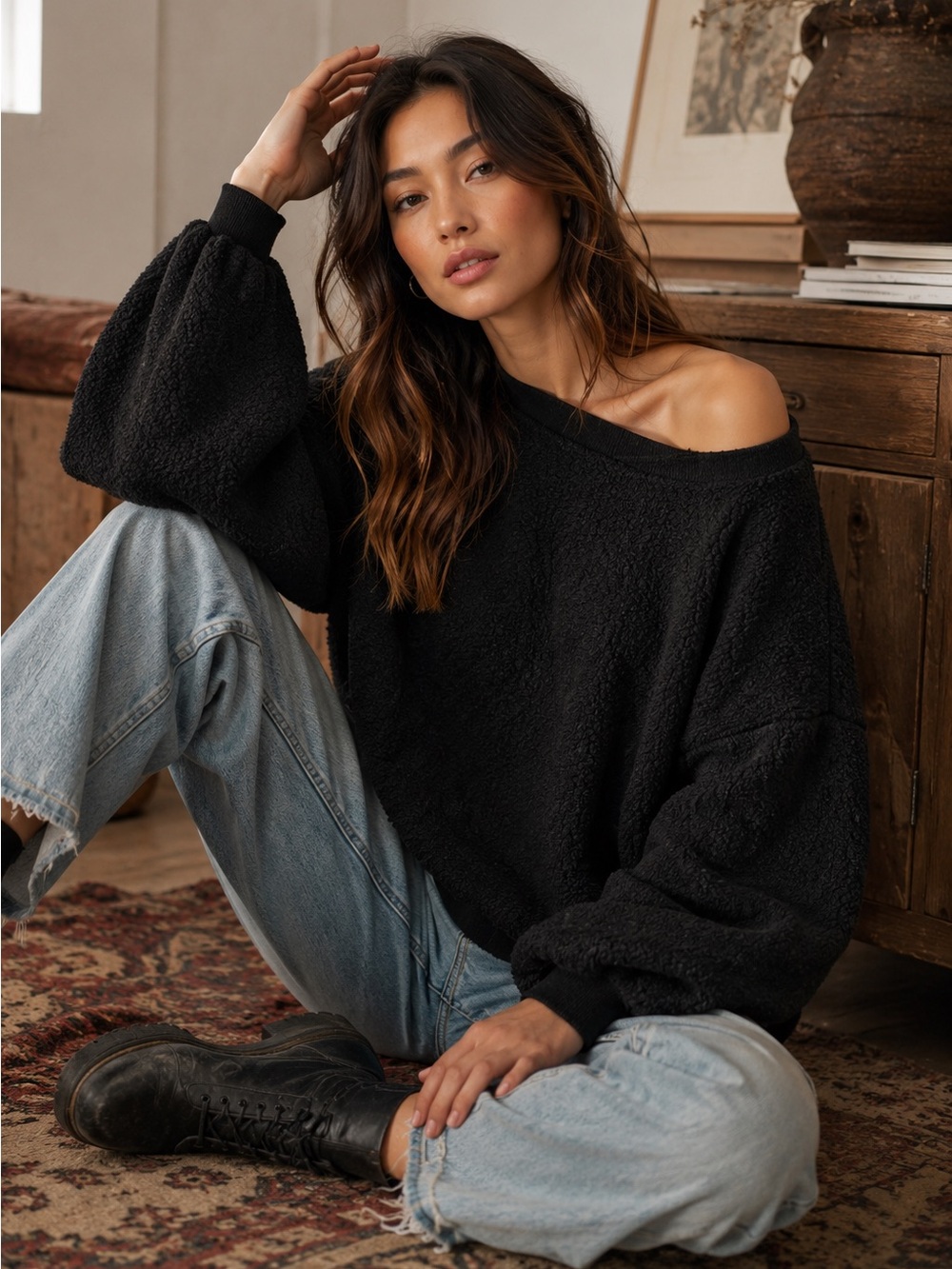 Free People Found My Friend Black Balloon Sleeves Oversized Textured Sweater